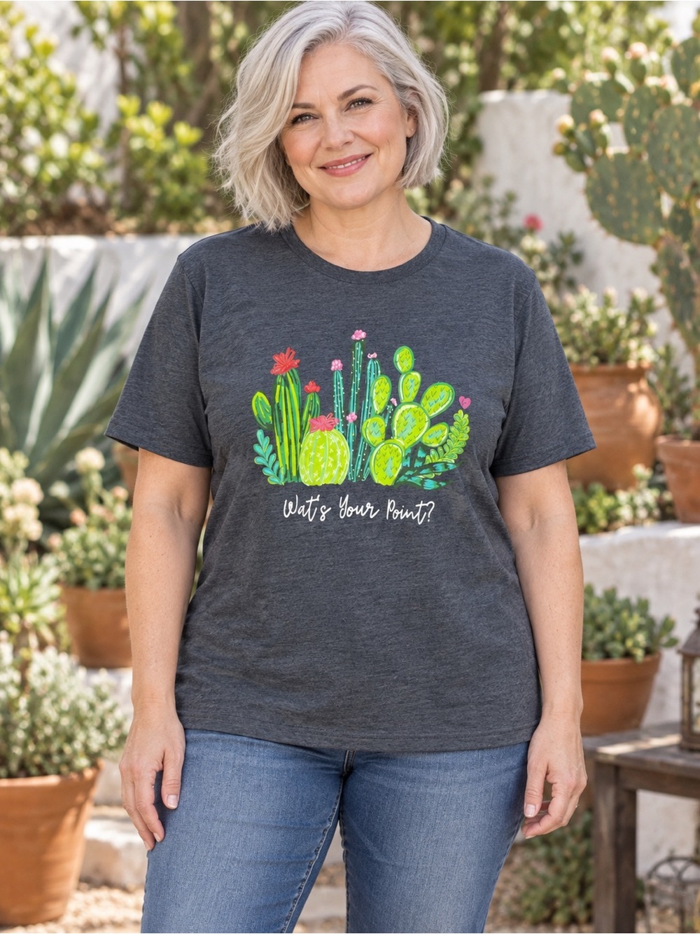 Charcoal Short-Sleeve Tee with Bright Green Cactus Graphic